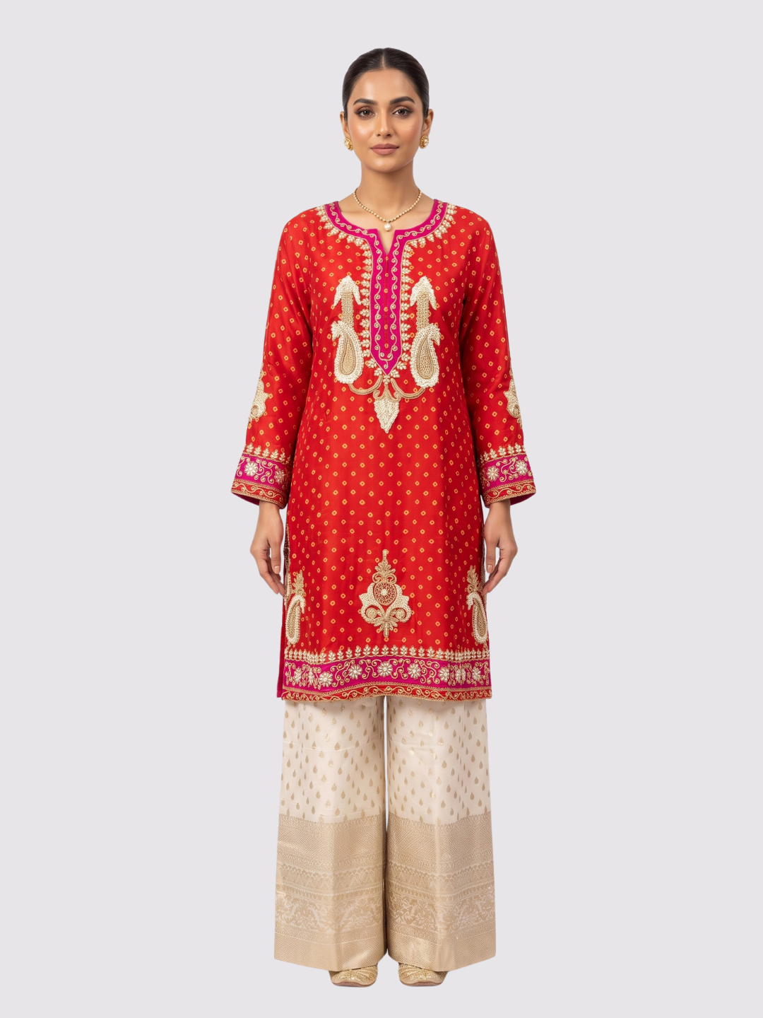 Red Raw Silk Shirt, Palazzo And Dupatta with Cutdana, Pearl and French Knot Embroidery 1